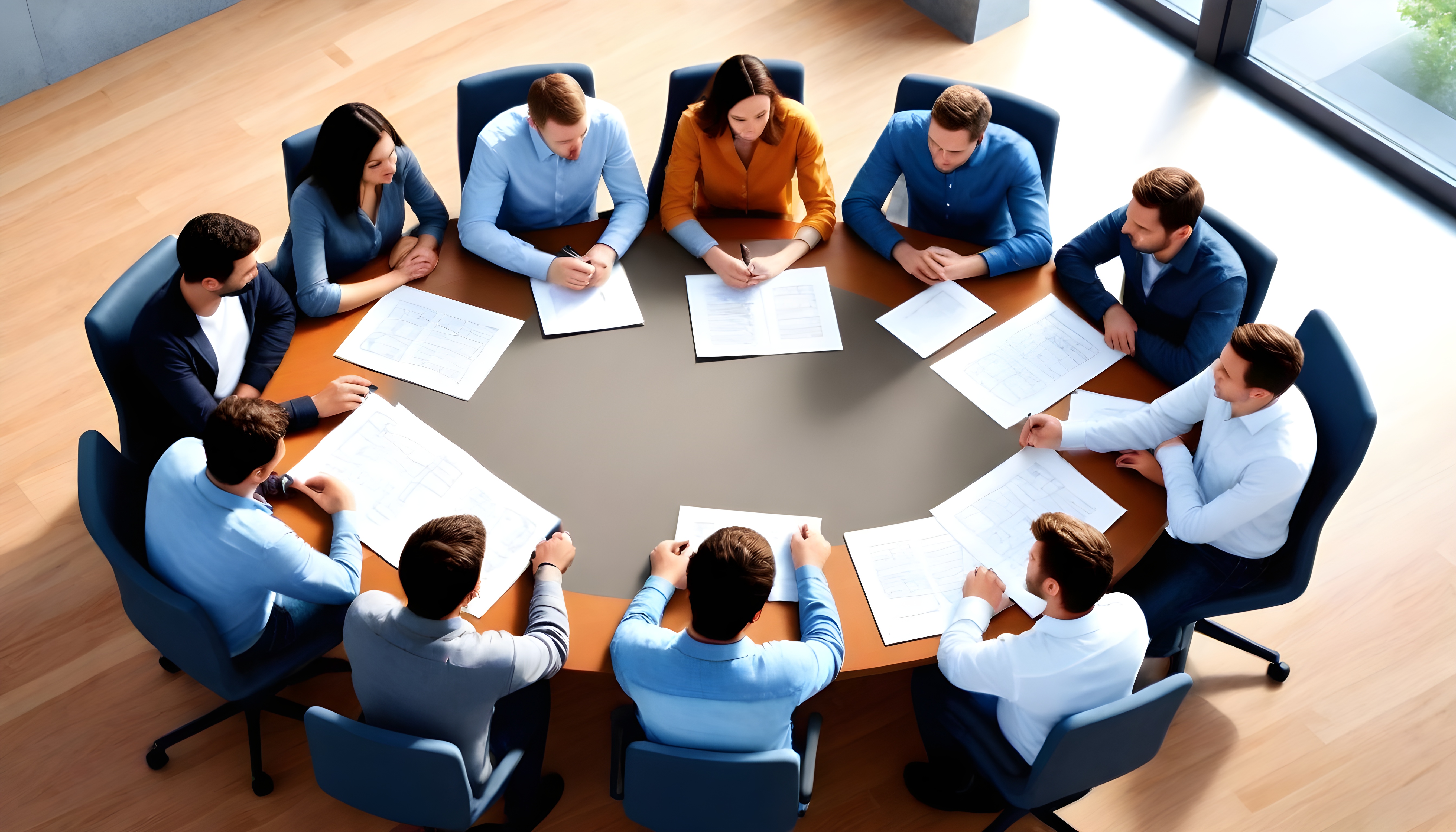 An-intricately-detailed-digital-illustration-of-a-casual-group-of-10-men-and-1-woman-meeting--They-seated-around-a-conference-table--each-with--jeans-and-shirt--NO-ties---Captured-from-a-top-down-pers